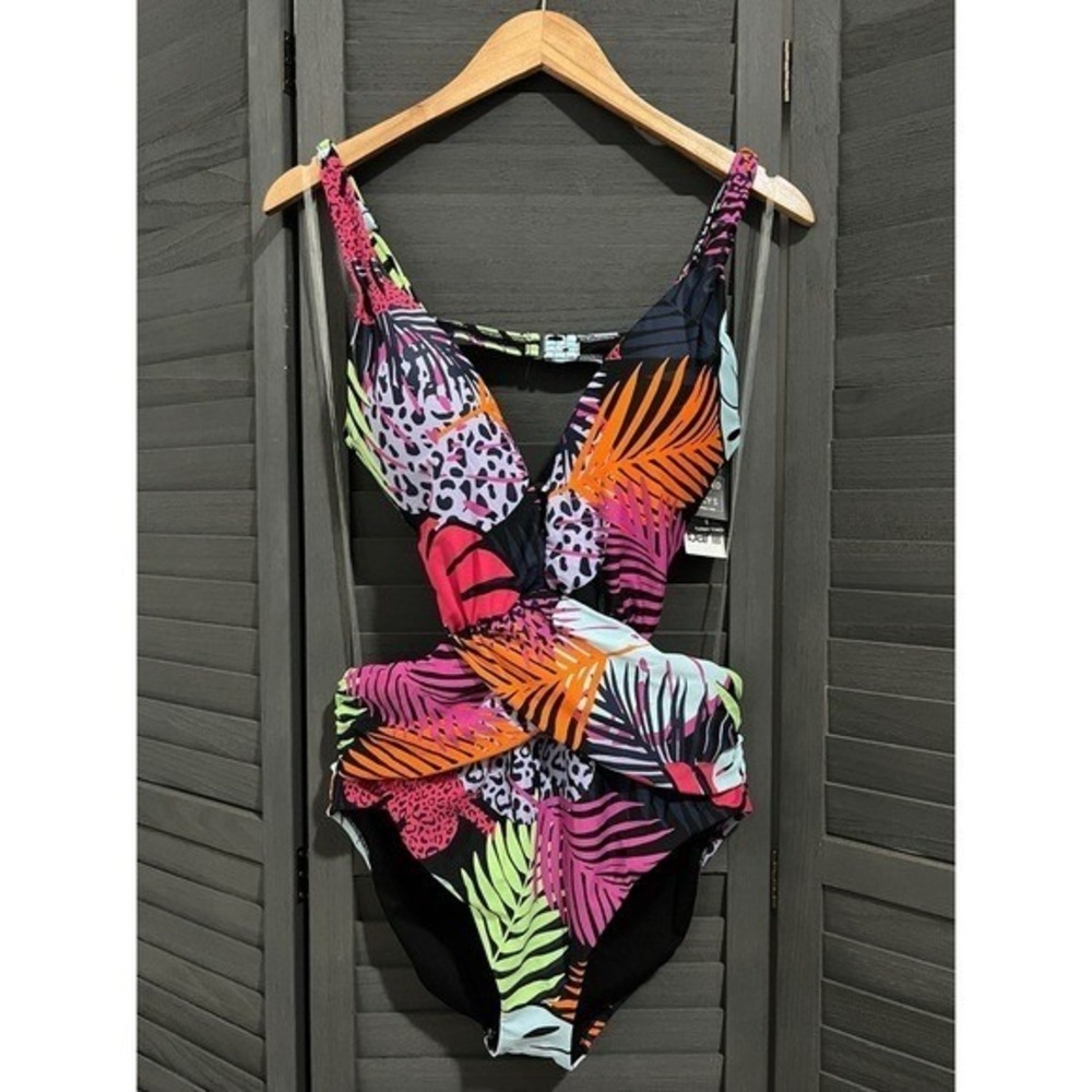 Bar III Women Palm Prowl Cross Front Monokini Swimsuit Large Multicolor Tropical - Picture 1 of 8